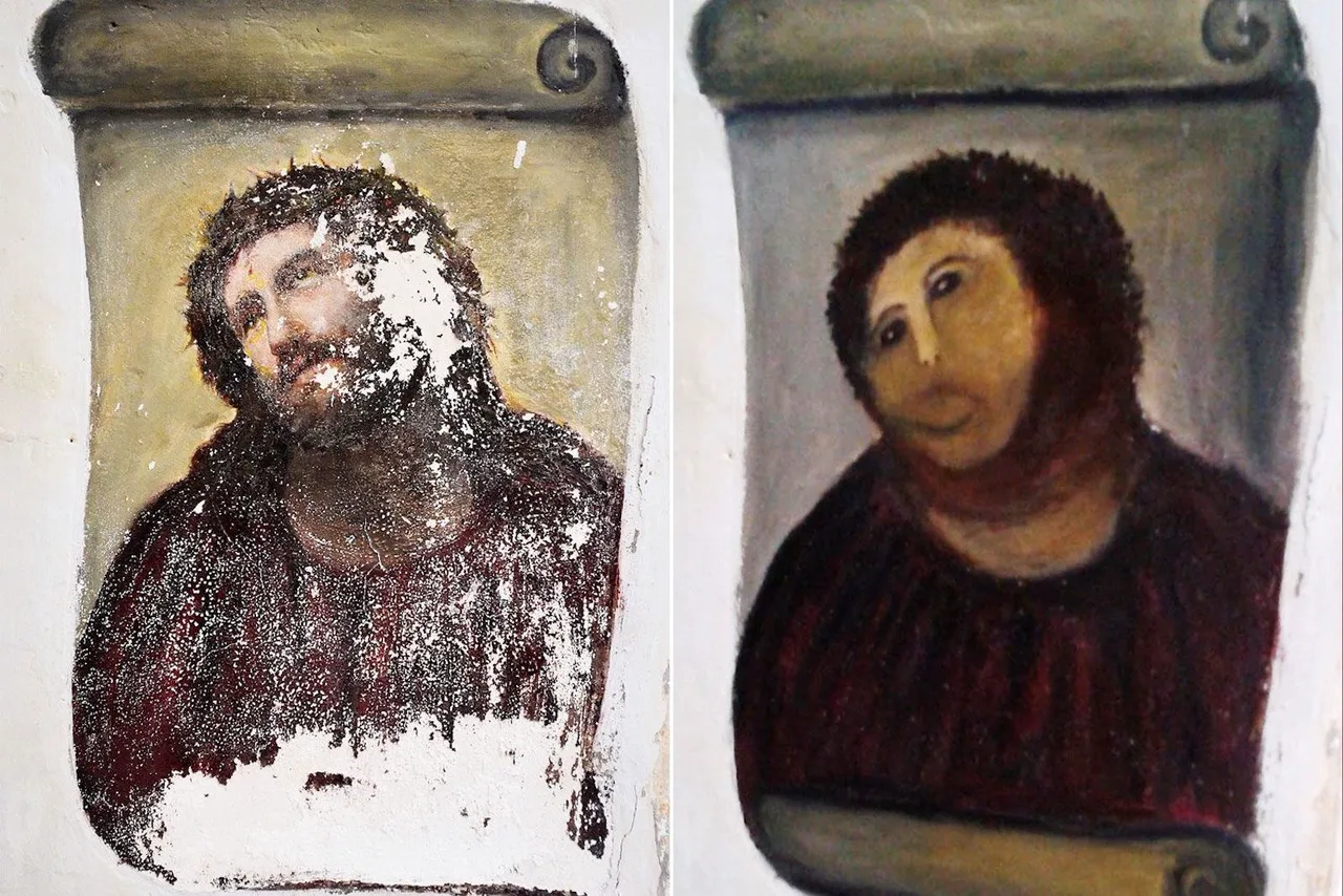 The Ecce Homo fresco of Jesus in Borja, Spain, side by side. Left, the original, flaking but detailed. Right, after an amateur restoration, a flat, rounded face with smudged features.