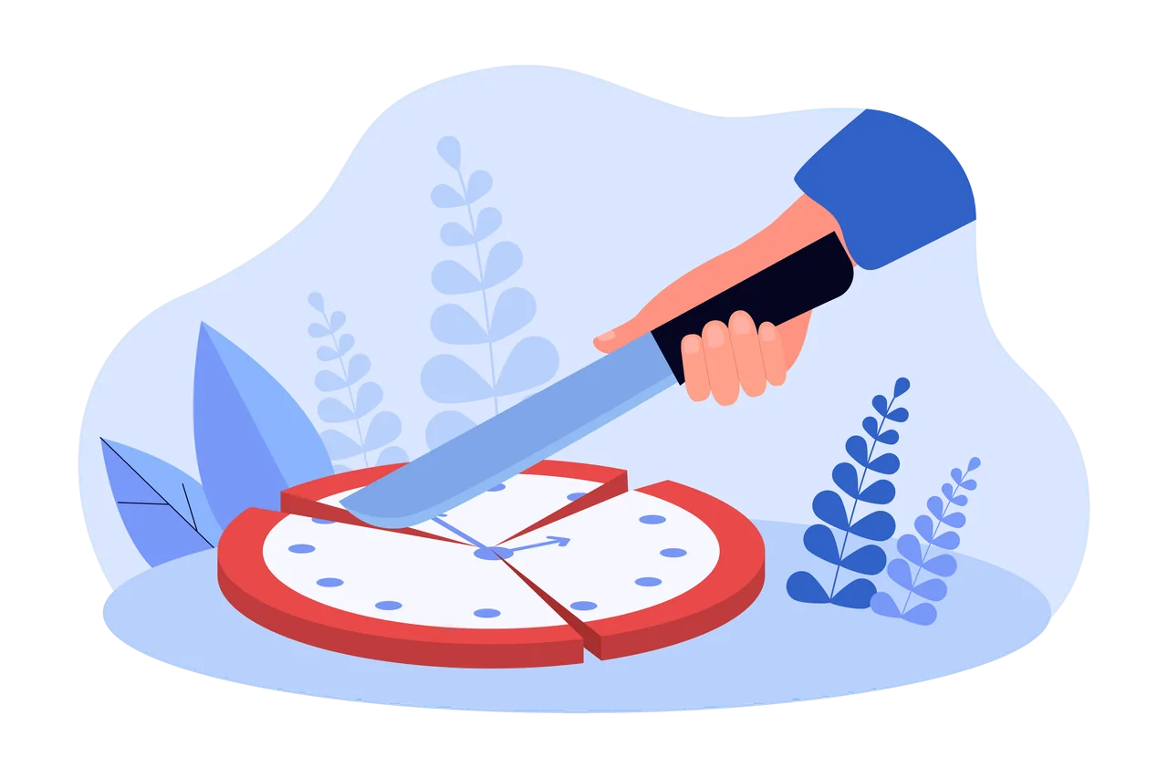 A hand cutting a clock face into slices with a knife.