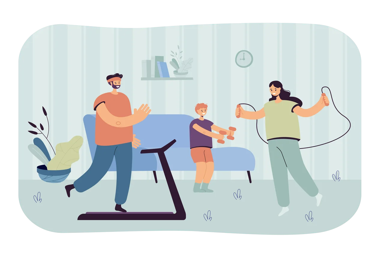 A family exercising together in their living room.