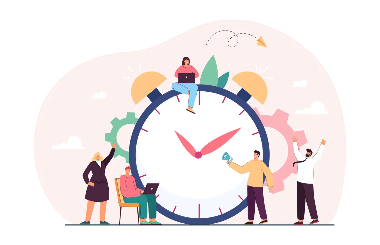 A team of small office workers gathered around a giant alarm clock.