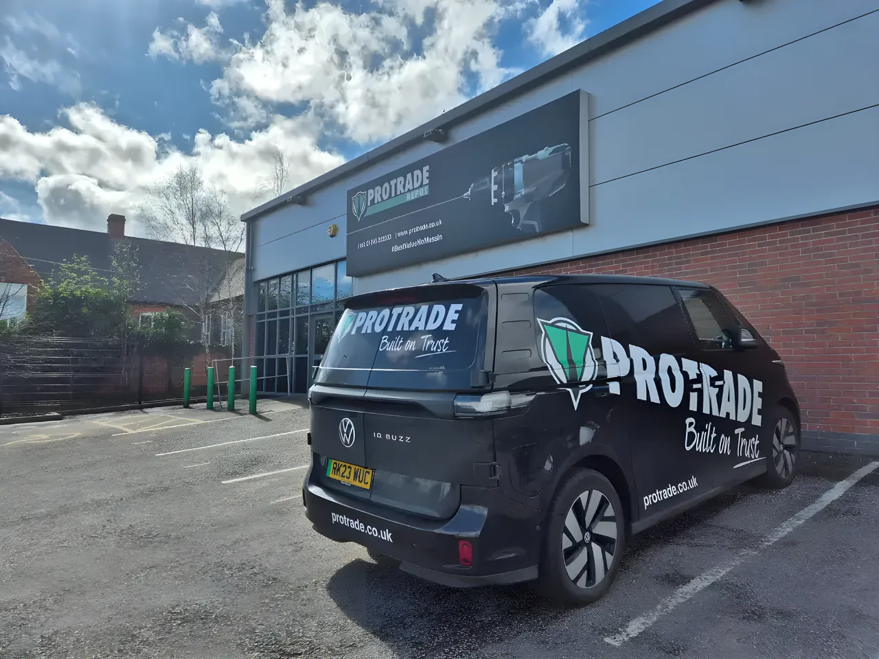 A Protrade branded van parked outside the Protrade depot.