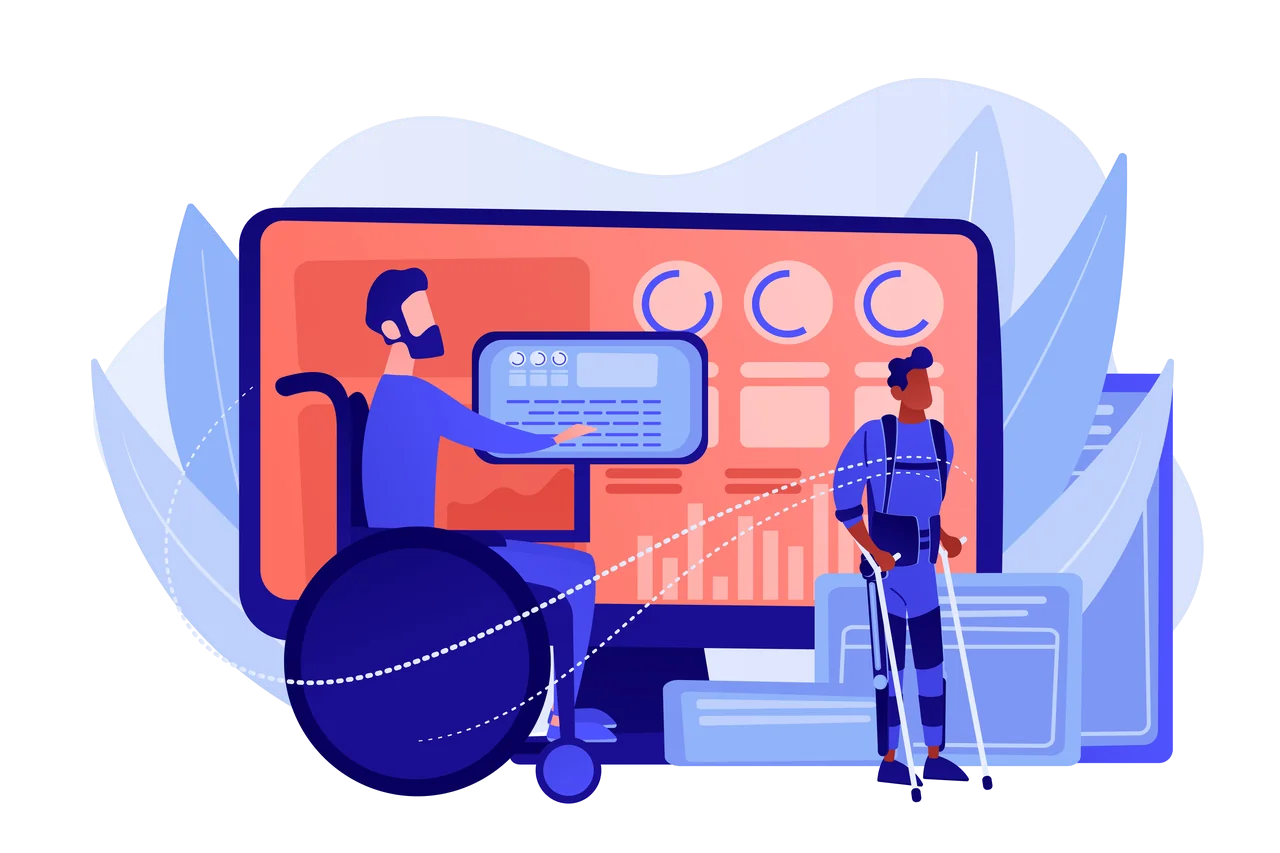 An illustration of a wheelchair user working at a large screen alongside a colleague using crutches.