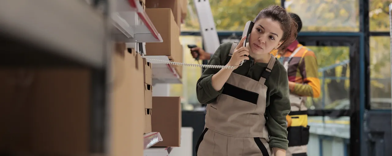 A warehouse worker on a landline phone beside shelves of cardboard boxes, holding an order sheet.
