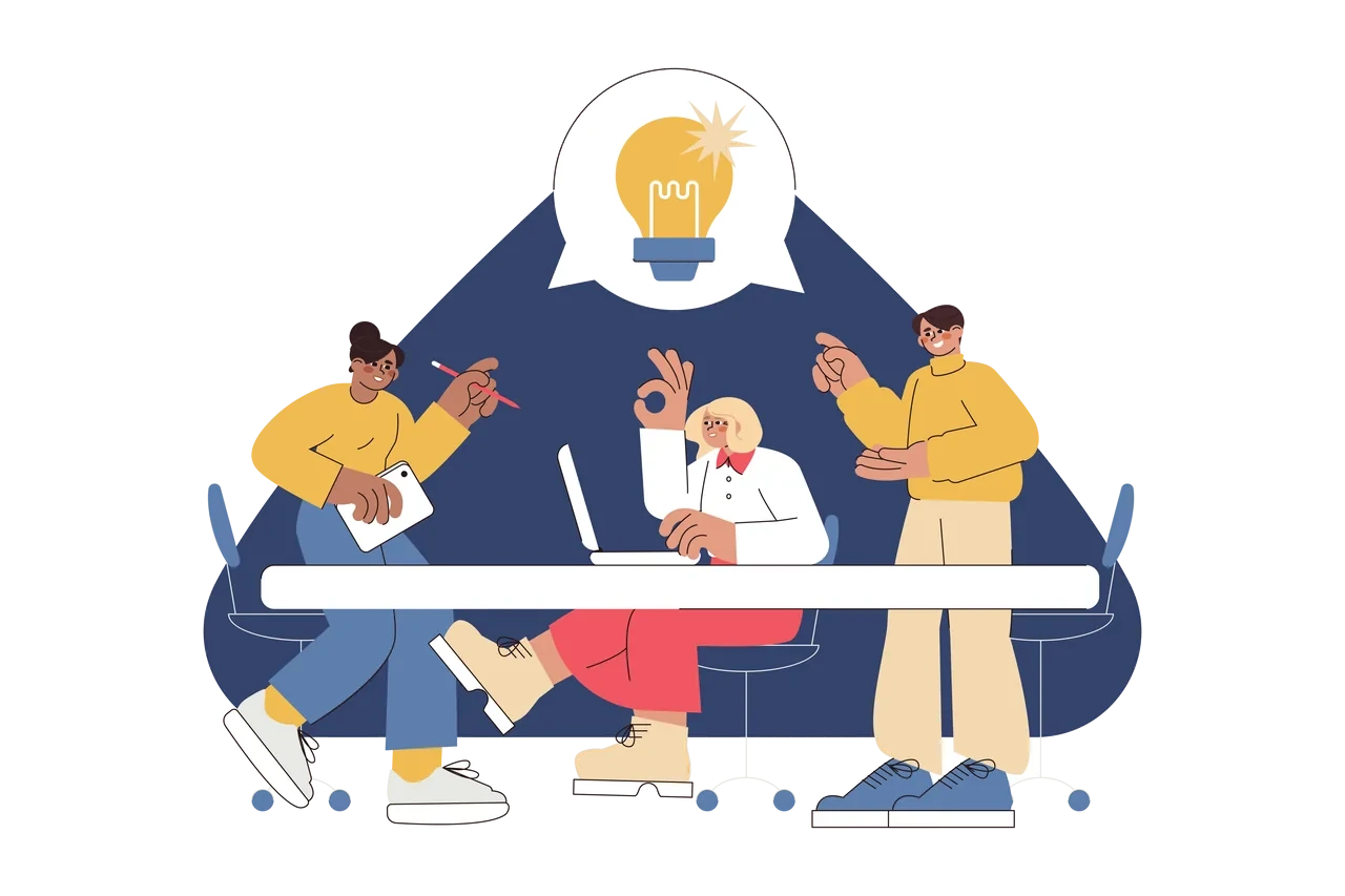 A small team gathered round a big light bulb, planning together