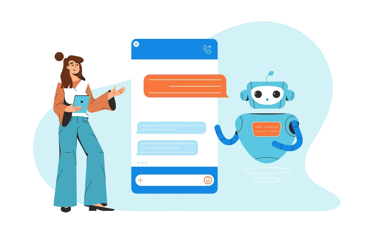 A woman chatting with a friendly robot on a giant phone screen